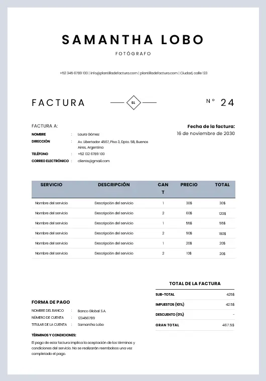 Plantilla de Factura para Fotógrafo en Word